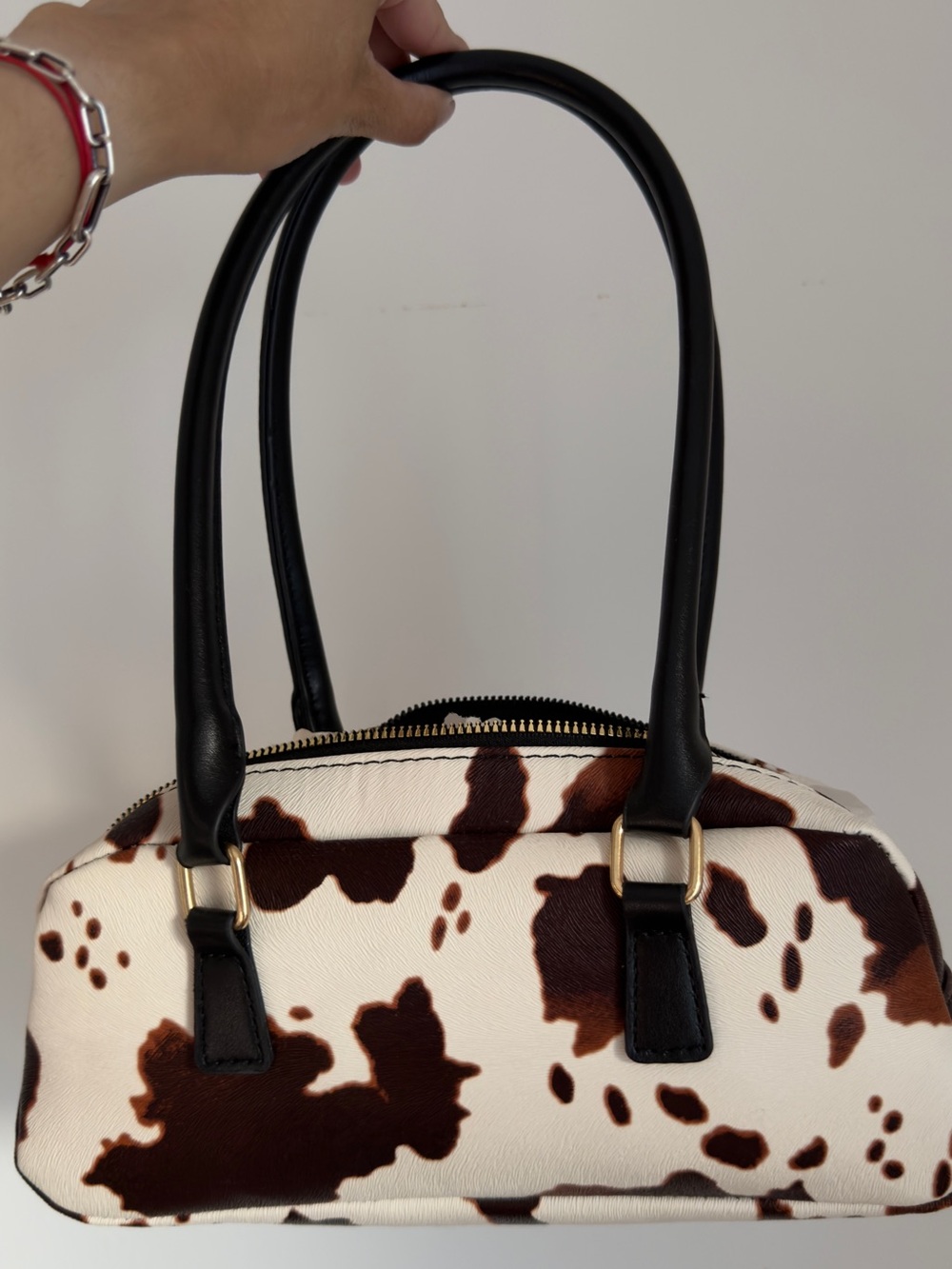 Women’s Cowprint Satchel Handbag in Brown and White